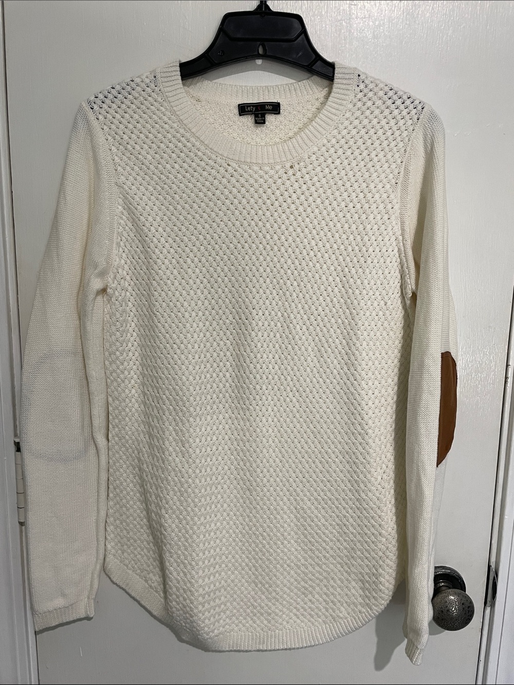 Cream Knit Crewneck Sweater with Brown Elbow Patches